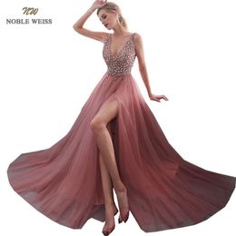 NOBLE WEISS V-neck Evening Gown Sexy Crystal Beading Split Tulle Prom Dress Floor Length Evening Dress vestido longo festa LJ201118