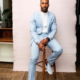 Sky Blue Slim Mens Suits 2 Pieces Groom Best Man Pants Suit Business Wedding Tailored Blazer (Jacket+Pants)