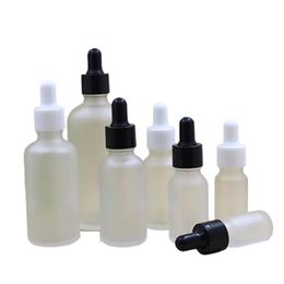 Frost Glass Essential Oil Bottles White Cap Black Lid Cosmetic Packaging Refillable Container Empty Rubber Dropper Vials 5ml 10ml 15ml 20ml 30ml 50ml 100ml