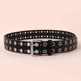 Fashion High Quality PU Leather Hollow Belt Ladies Rivet Punk Rock Double Pin Buckle Jeans Belts for Women Luxury Designer Brand G220301