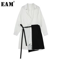 [EAM] 2020 New Spring Autumn Lapel Long Sleeve White Loose Bandage Split Joint Two Piece Shirt Dress Women Fashion Tide LJ200818