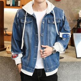 New Autumn Men Denim Jacket Fashion Slim Fit Coat Streetwear Hip Hop Men's Hooded Jean Jackets Male Casual Loose Outerwear 201123