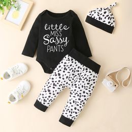 15678 Infant Baby Girls 3pcs Set Babies Letters Rompers + Spot Pants + Hat Kids Set Child Babies Outfits Clothing Suit