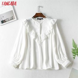 Tangada women ruffle white shirts long sleeve solid o-neck elegant office ladies work wear blouses LJ200813