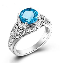 925 Sterling Silver Blue Topaz Rings Prong Setting Round Vintage Gemstone Ring For Women Famous Brand Fine Jewelry Sale