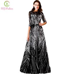 SSYFashion New Luxury Sequins Evening Dress Banquet Elegant Black Half Sleeved Party Prom Gown Robe De Soiree Reflective Dress LJ201123