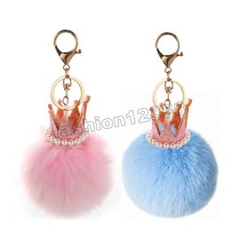 8cm Fluffy Rabbit Ball Keychain Pearl Crown Key Chain Fur Pompons Keychain Pompom Keychains Car Handbag Gift Accessories