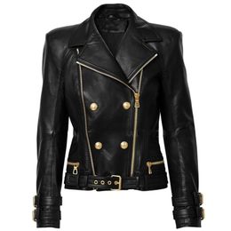 HIGH STREET New Designer Jacket Women's Lion Buttons Double Zippers Motorcycle Biker Synthetic Leather Jacket 201226