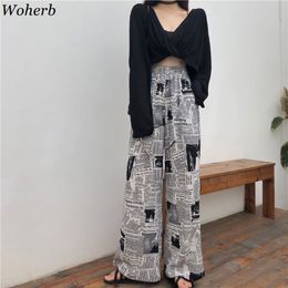 Woherb Vintage Newspaper Print High Waist Wide Leg Pants Women Korean Chic Streetwear Loose Long Trousers Pants Mujer 201012