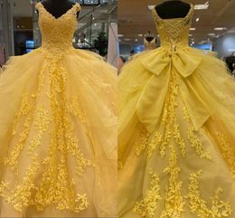 2022 Classic V-neck Formal Prom Dress Ball Gown Quinceanera Yellow Long Cap Sleeve Lace Beaded Ruffle Bow Corset Top Sweet 16 Dress