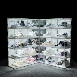 New Sound Control LED Light clear Shoes Box Sneakers Storage Anti-oxidation Organizer Shoe Wall Collection Display Rack Y1116