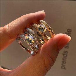 Luxury Female White Round Crystal Jewelry Rose Gold Silver Color Wedding Rings For Women Cute Bridal Zircon Engagement Ring Set