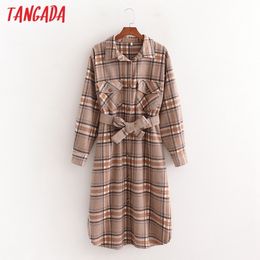 Tangada Women Vintage Plaid Thick Long Wool Coats Loose Long sleeves pocket 2020 Winter OL Elegant coat LJ201201