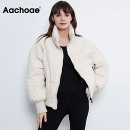 Aachoae Solid Colour Fashion Winter Parka Women Long Sleeve Zipper Thick Warm Parkas Coat Casual Down Jacket With Pockets 201110