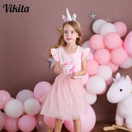 VIKITA Girls Summer Dress Flare Sleeve Girls Tutu Dresses Kids Unicorn Princess Dress Children Costumes for Kids Cotton Clothes LJ200923