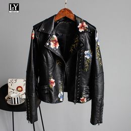 Ly Varey Lin Floral Print Embroidery Faux Soft Leather Jacket Women Pu Motorcycle Coat Female Black Punk Zipper Rivet Outerwear 210201