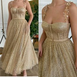 Gold Glitter Sequins Evening Dresses Crystal Design Beaded Dubai Saudi Arabic Bling Bling Formal Dress Evening Dresses Robe de soirée