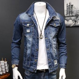 fashion Denim jacket mens letter jacket slim embroidery spring and autumn youth stand-up collar long-sleeved denim coat 201118