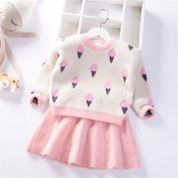 Outono inverno estilo preppy meninas camisola vestido de jumper crianças roupas cardigan roupas bebê veludo criança pulôver de malha saia conjunto 201109