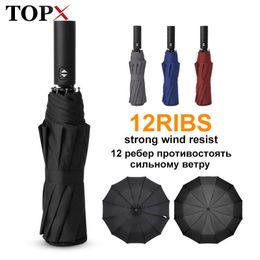 Strong Wind Resistant Folding Automatic Umbrella Men Women Rain 12Ribs Large Umbrellas Business Portable Long Handle Parasol 201111