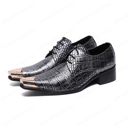 Fashion Snake Skin Genuine Leather Men Business Shoes Large Size Lace up Metal Square Toe Formal Dress Shoes