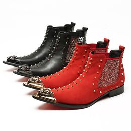 Rivets Knight Boots Men Western Pointed Metal Tip Leather Short Boot Men Bar, DJ, Stage Party Boots for Men