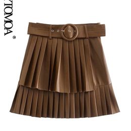 Women Fashion With Belt Faux Leather Pleated Mini Skirt VIntage High Waist Side Zipper Female Skirts Mujer W220314