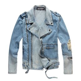 Men's Jackets 404 gaojiechao brand machine wind inclined zipper hole damage wash light Colour slim fitting denim jacket