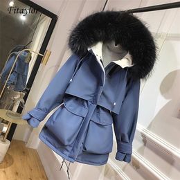 Fitaylor White Duck Down Parkas Winter Jacket Women Warm Real Natural Fur Coat Female Hooded Sash Tie Up Loose Snow Oversize 201102