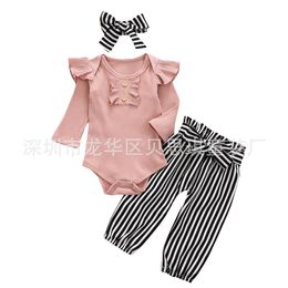 New Products Baby Clothing Two Colours Stripe Flower Long Sleeves Belt Trousers Headwear Three Pieces Sets Autumn Winter Hot Sale 25bs M2