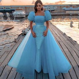 Blue Short Puff Sleeves Prom Dresses Mermaid Sequined Organza Evening Dress Pleats Backless Women Party Gowns With Detachable Train