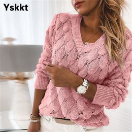 Women Knitted Sweater Oversize V Neck Sweater Spring Autumn Loose Long Sleeve Lightweight Hollow Out Pullovers Sweaters Tops 201221