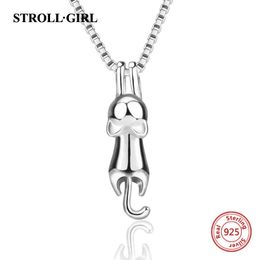 New 925 Sterling Silver Naughty Cat Animal Pendant Chain Cute Climbing Kitty Necklace for Women 2020 Fine Jewelry Christmas Gift Q0531