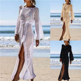 Crochet Tunic Beach Dress Cover-ups Summer Women Beachwear Sexy Hollow Out Knitted Swimsuit Cover Up Robe de plage #Q716 T200324