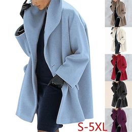 Winter Wool Blend Coat Women Fashion Shawl Collar Open Stitch Loose Coat Female Casual Solid Pocket Coat Jacket Office Lady 201218