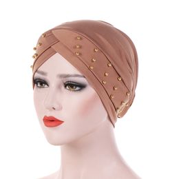 New Women Elastic Turban Hat Muslim Hijab Islamic Beads Cancer Chemo Cap Ladies Hijab Stretch Hijab Cap Muslim Scarf