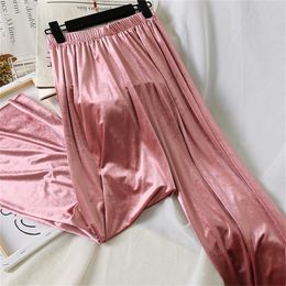 Gowyimmes Vintage Autumn Women Gold Velvet Pants Casual Big Size Wide Leg Pant Autumn Lady Long Trousers High Waist Pants T200223