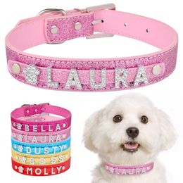-Collars de cão de couro PU com strass personalizado nome letras diamante jóias jóias diy pet tag CroCo colar encantos para pequenos cães médios gato grande rosa b60