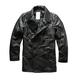 Read Description! Asian Size Male Genuine Cow Leather Winter Jacket High Quality Classic Cowhide Pea Coat LJ201029
