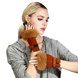 Wholesale-Fashion Hair Winter Lambskin Fingerless Gloves Wrist Solid Women Real sheep Genuine Leather Female Driving Glove