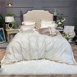 1000TC Egyptian Cotton Gold Embroidery Edge Duvet Cover White Grey Solid Bedding set QUEEN KING Size 4/7Pcs Fitted/Bed sheet set T200706