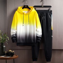 High Quality Men's Casual Printed Hoodies+Lace-up Sweatpants 2PCS Set Men Elastic Tie-Dye Jogging Tracksuit 3 Color SIze M-4XL 201201