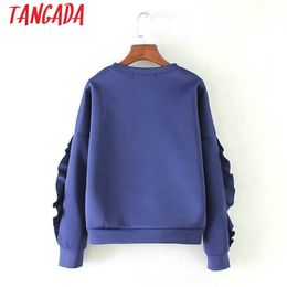 Tangada Women Casual Hoodie Sweatshirt Ruffles O-neck Long Sleeve Purple blue Ladies Autumn Winter Tops SX05 201202