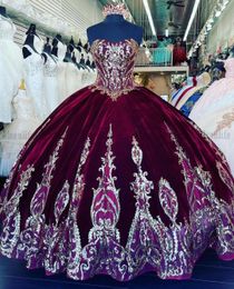 Vestidos De XV Anos Red Velvet Quinceanera Dress Sequins Lace Mexican Girls 15 Years Birthday Dress Prom Party Gown