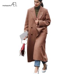 AEL Brown Plaid Thickening Keep Warm Wool Super Long Coats Winter Women Clothing 201214