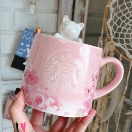 -Auténtica Sakura Starbucks Cerey Blossom Serie Pink 355ml Taza de cerámica feliz taza de gato
