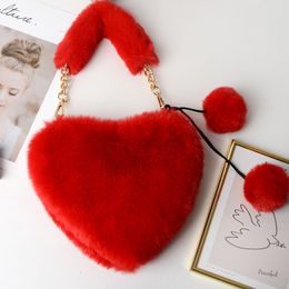 Faux Fur Purses and Handbags Women Autumn Winter Plush Heart Clutch Handbag Totes Girls Shoulder Hand Bags