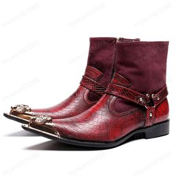 Alligator Man Metal Pointed Toe Cow Suede High-Top Shoes Genuine Leather Punk Men's Handmade Ankle Boots