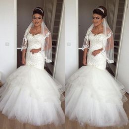 Strapless Wedding Dresses Mermaid Appliqued Lace Tulle Tiered Skirt Layered Bridal Gowns 2021 Modern robes de mariée