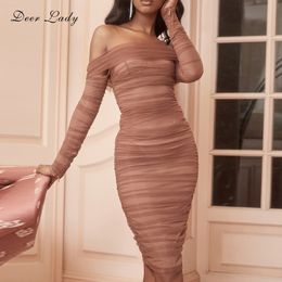 Deer Lady Summer Party Dress Women Sexy Mesh Bodycon Dress Long Sleeve Off Shoulder Sheer Ruched Celebrity Club Dress LJ200818